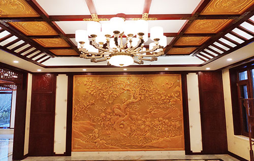 太湖中式别墅客厅中式木作横梁吊顶装饰展示